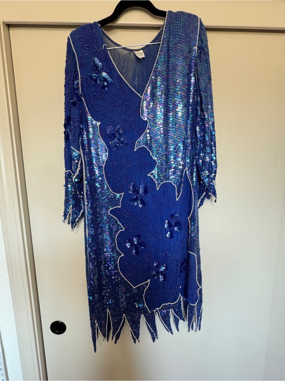 Tan Chho Blue Sequin & Beaded V-Neck Evening Dress